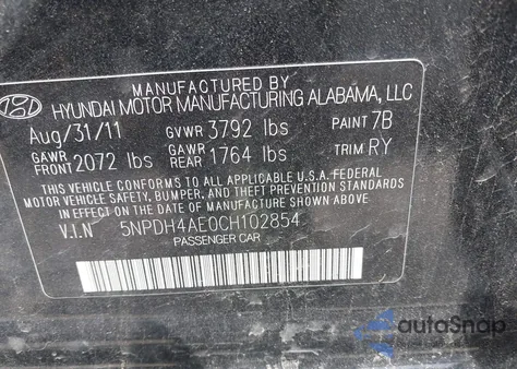 2012 Hyundai Elantra Limited z USA, uszkodzony, nr VIN 5NPDH4AE0CH102854